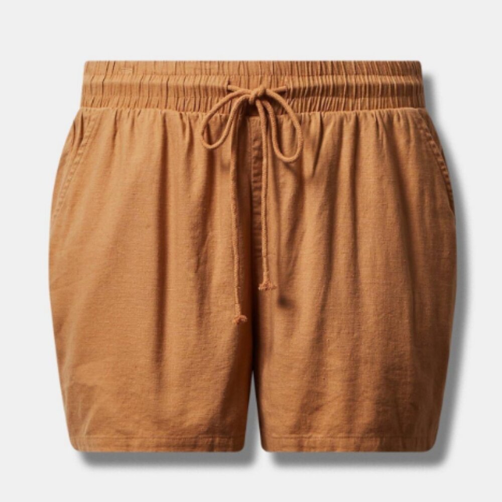 Torrid 5 Inch Pull-On Stretch Linen Mid-Rise Short - Tan‎ - Medium - Picture 2 of 7